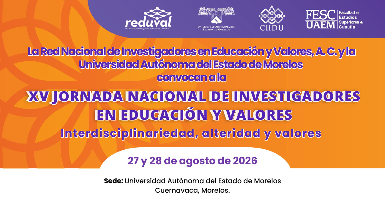 Flyer de la XV Jornada Nacional de Investigadores en Educación y Valores 2026 organizada por REDUVAL y la Universidad Autónoma del Estado de Morelos