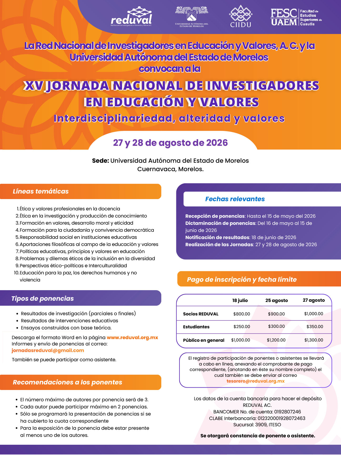 Flyer de la XV Jornada Nacional de Investigadores en Educación y Valores 2026 organizada por REDUVAL y la Universidad Autónoma del Estado de Morelos